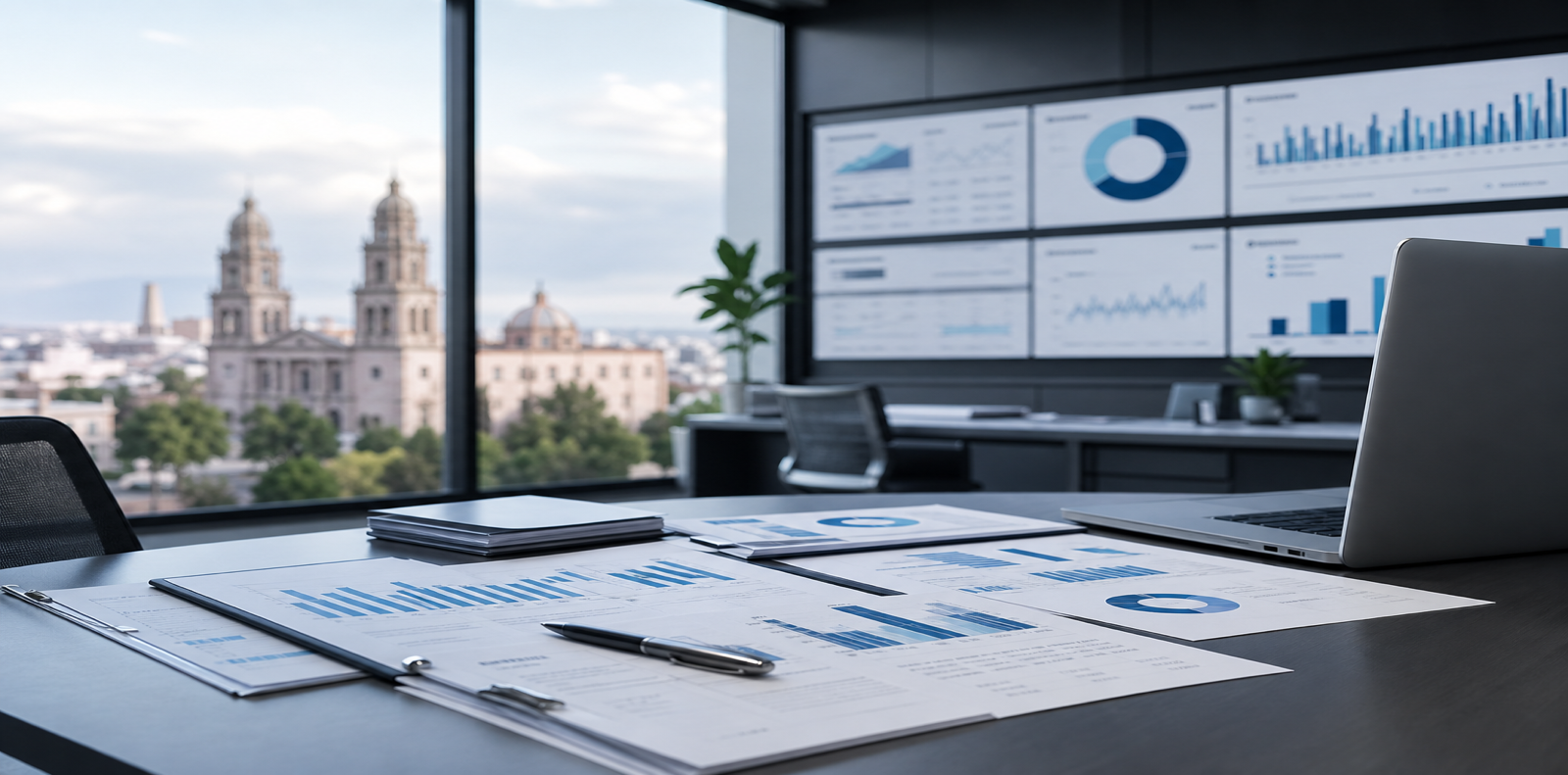 Oficina corporativa con tableros de control financiero operativo en Aguascalientes